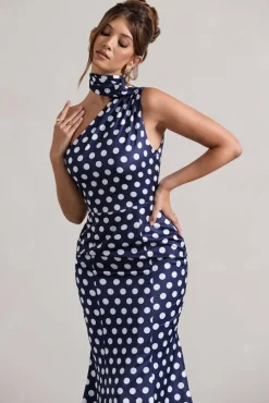 Golden Girl | Navy Polka Dot Asymmetric High-Neck Flared Midi Dress
