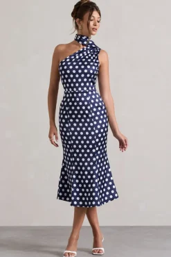 Golden Girl | Navy Polka Dot Asymmetric High-Neck Flared Midi Dress