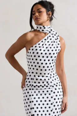 Golden Girl | White Polka Dot One Shoulder High-Neck Flared Midi Dress