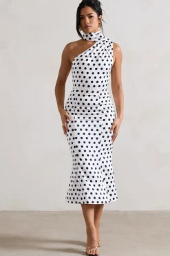 Golden Girl | White Polka Dot One Shoulder High-Neck Flared Midi Dress