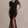 Gomez | Black Mesh Cowl-Neck Split Maxi Dress