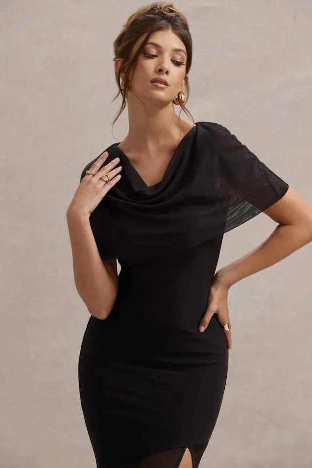 Gomez | Black Mesh Cowl-Neck Split Maxi Dress