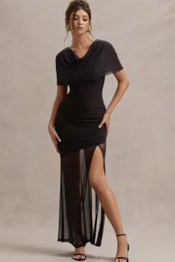 Gomez | Black Mesh Cowl-Neck Split Maxi Dress