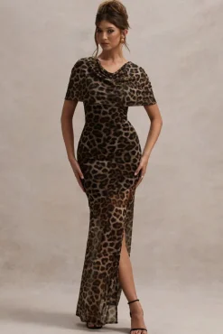Gomez | Leopard Print Mesh Cowl-Neck Split Maxi Dress