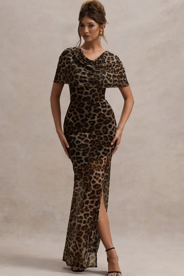 Gomez | Leopard Print Mesh Cowl-Neck Split Maxi Dress