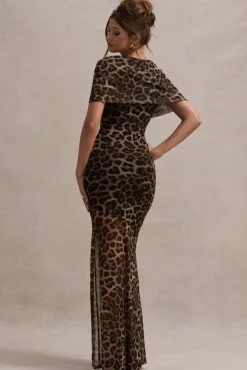 Gomez | Leopard Print Mesh Cowl-Neck Split Maxi Dress