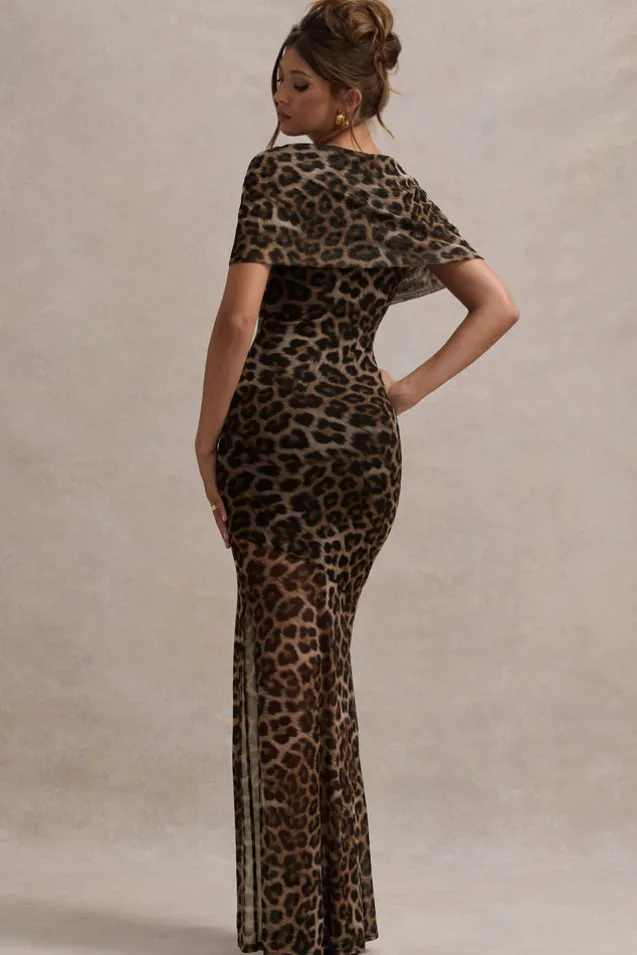Gomez | Leopard Print Mesh Cowl-Neck Split Maxi Dress