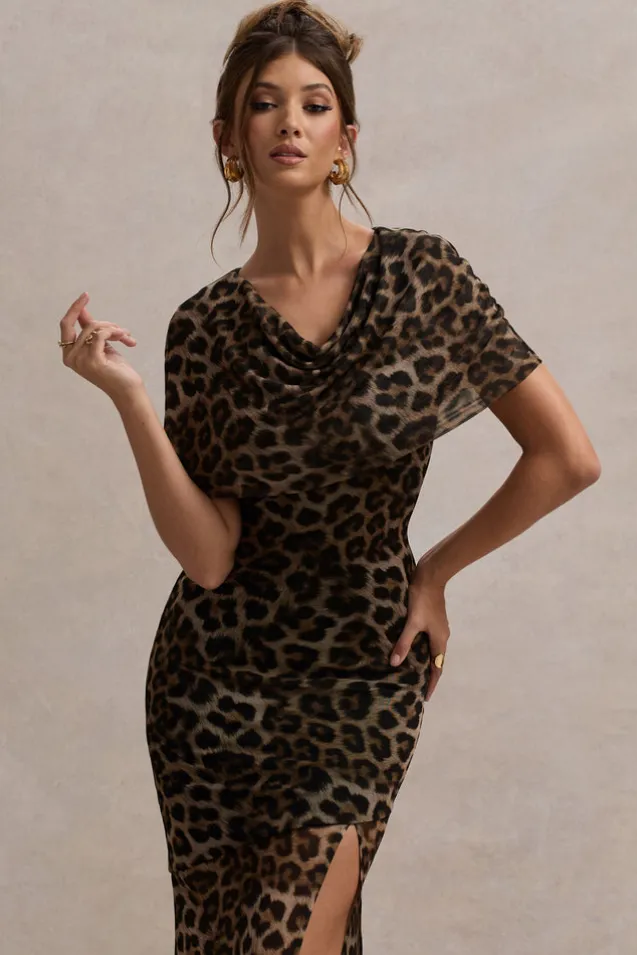 Gomez | Leopard Print Mesh Cowl-Neck Split Maxi Dress
