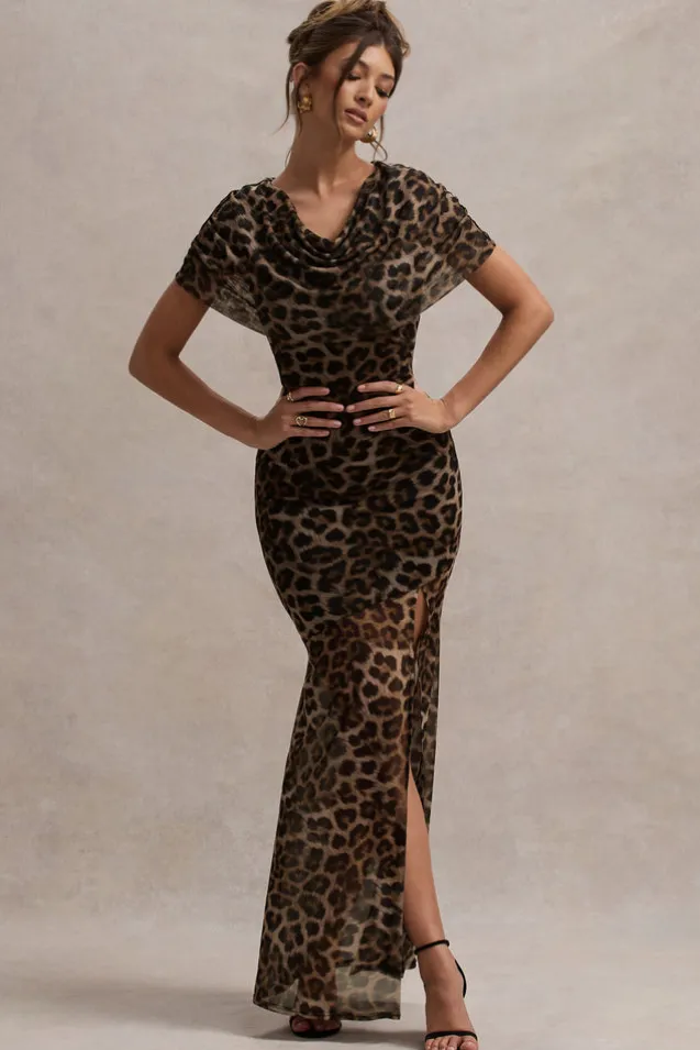Gomez | Leopard Print Mesh Cowl-Neck Split Maxi Dress