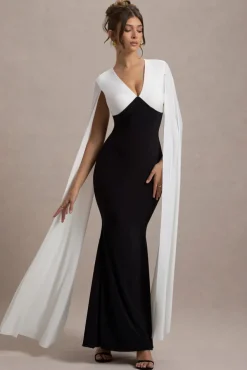 Grace Kelly | Black u0026 White Plunge-Neck Maxi Dress With Cape Sleeves