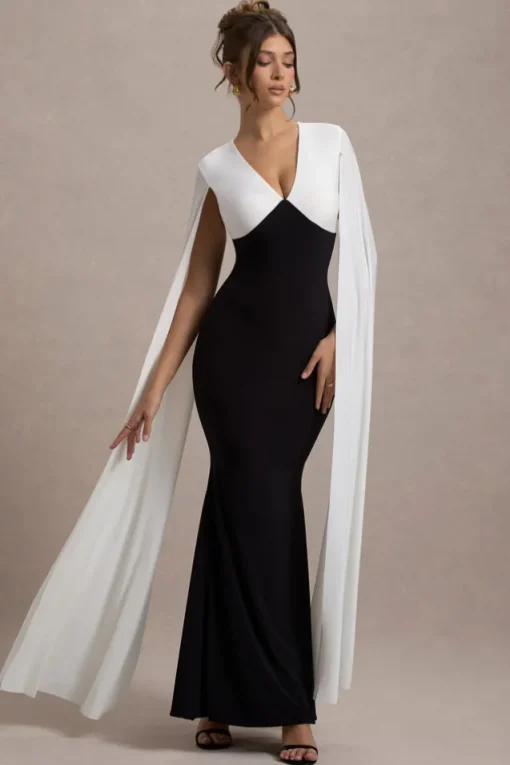 Grace Kelly | Black u0026 White Plunge-Neck Maxi Dress With Cape Sleeves