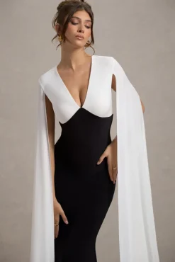 Grace Kelly | Black u0026 White Plunge-Neck Maxi Dress With Cape Sleeves