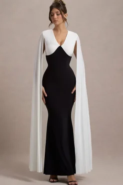 Grace Kelly | Black u0026 White Plunge-Neck Maxi Dress With Cape Sleeves