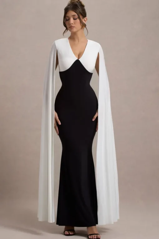 Grace Kelly | Black u0026 White Plunge-Neck Maxi Dress With Cape Sleeves