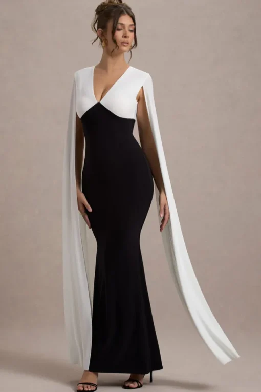 Grace Kelly | Black u0026 White Plunge-Neck Maxi Dress With Cape Sleeves