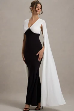 Grace Kelly | Black u0026 White Plunge-Neck Maxi Dress With Cape Sleeves