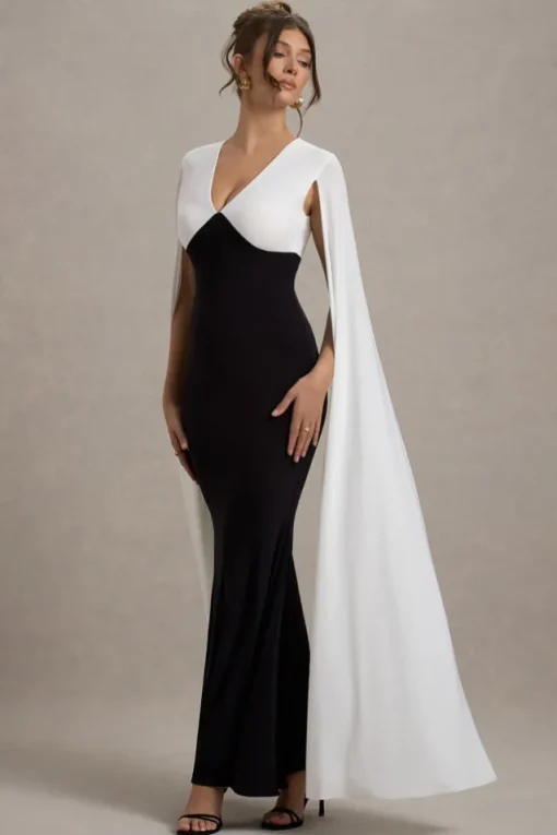 Grace Kelly | Black u0026 White Plunge-Neck Maxi Dress With Cape Sleeves