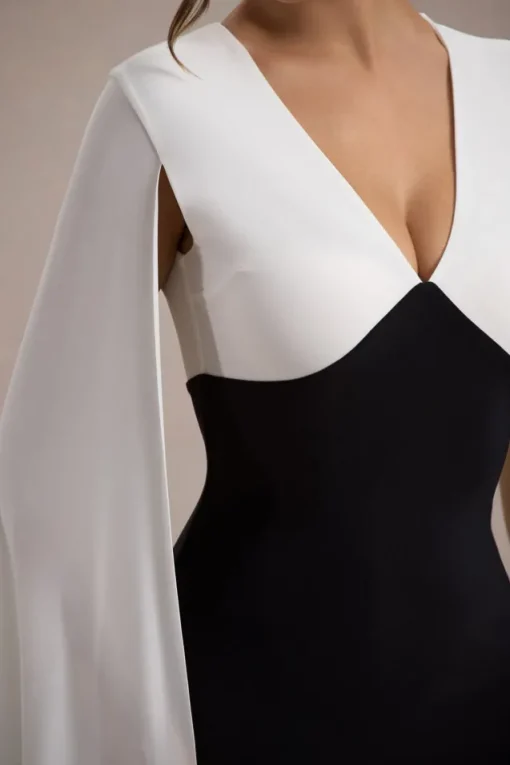 Grace Kelly | Black u0026 White Plunge-Neck Maxi Dress With Cape Sleeves