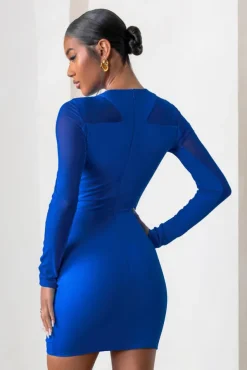 Grand Style | Royal Blue Mesh High Neck Cut Out Long Sleeves Mini Dress