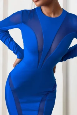 Grand Style | Royal Blue Mesh High Neck Cut Out Long Sleeves Mini Dress