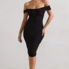 Gratitude | Black Velvet Off The Shoulder Ruched Midi Dress