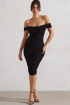 Gratitude | Black Velvet Off The Shoulder Ruched Midi Dress