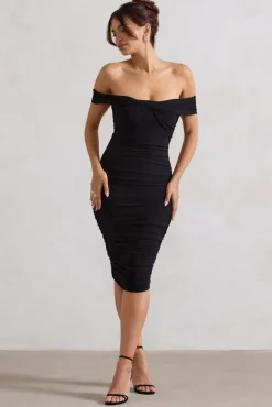Gratitude | Black Velvet Off The Shoulder Ruched Midi Dress