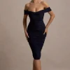 Gratitude | Navy Off The Shoulder Ruched Midi Dress