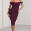Gratitude | Plum Off The Shoulder Ruched Midi Dress