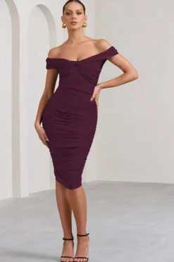 Gratitude | Plum Off The Shoulder Ruched Midi Dress