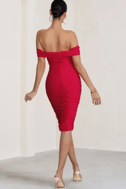 Gratitude | Red Off The Shoulder Ruched Midi Dress