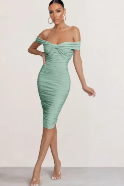 Gratitude | Sage Off The Shoulder Ruched Midi Dress