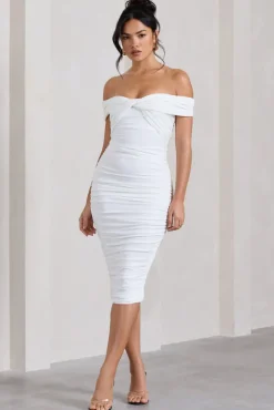 Gratitude | White Off The Shoulder Ruched Midi Dress