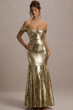 Guest Of Honour | Gold Sequin Bardot Maxi Dress