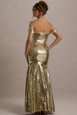 Guest Of Honour | Gold Sequin Bardot Maxi Dress