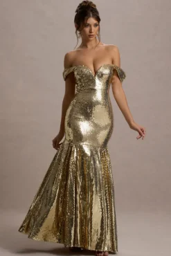 Guest Of Honour | Gold Sequin Bardot Maxi Dress