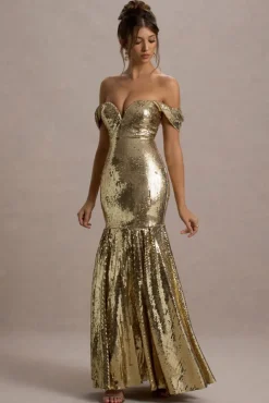 Guest Of Honour | Gold Sequin Bardot Maxi Dress