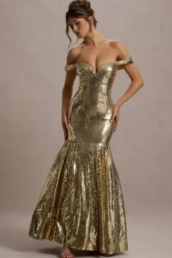 Guest Of Honour | Gold Sequin Bardot Maxi Dress