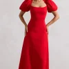 Hacienda | Red Poplin Puff-Sleeve Maxi Dress