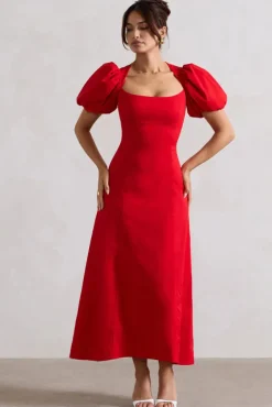 Hacienda | Red Poplin Puff-Sleeve Maxi Dress