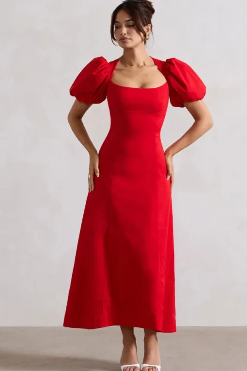 Hacienda | Red Poplin Puff-Sleeve Maxi Dress
