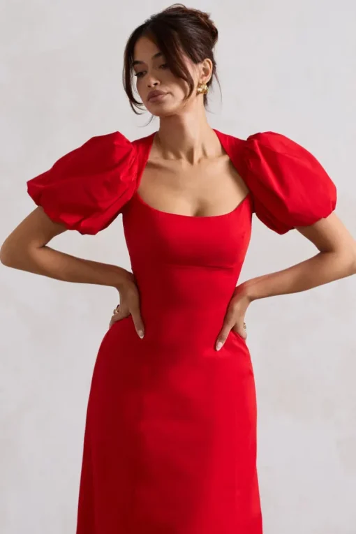 Hacienda | Red Poplin Puff-Sleeve Maxi Dress