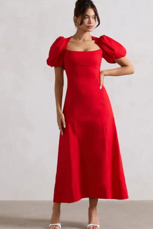 Hacienda | Red Poplin Puff-Sleeve Maxi Dress