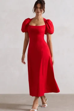 Hacienda | Red Poplin Puff-Sleeve Maxi Dress