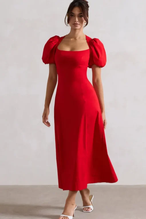 Hacienda | Red Poplin Puff-Sleeve Maxi Dress