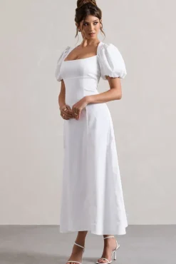 Hacienda | White Poplin Puff-Sleeve Maxi Dress