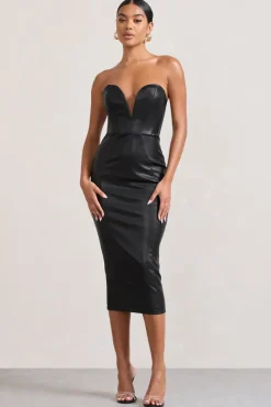 Hailey | Black Faux Leather Strapless Sweetheart Corset Midi Dress