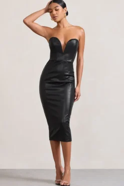 Hailey | Black Faux Leather Strapless Sweetheart Corset Midi Dress