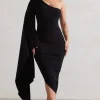 Halsey | Black Ruched One Shoulder Cape Sleeve Asymmetric Midi Dress