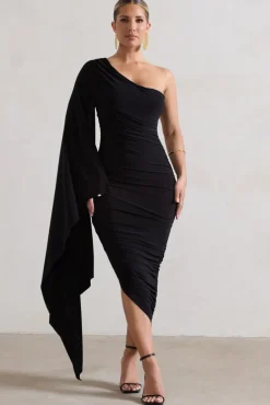 Halsey | Black Ruched One Shoulder Cape Sleeve Asymmetric Midi Dress
